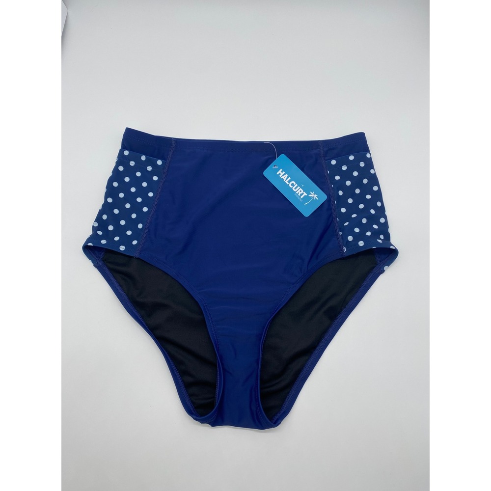 Halcurt Womens High Waisted Bikini Bottoms Navy Polka Dot Side Pockets Large NEW